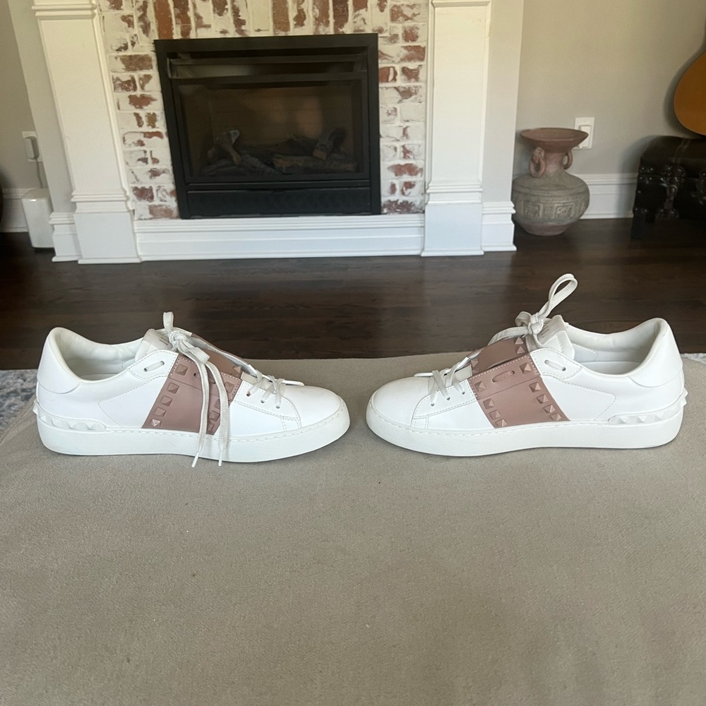 Valentino Garavani Untitled Rock Stud White Sneakers with Pink Accents